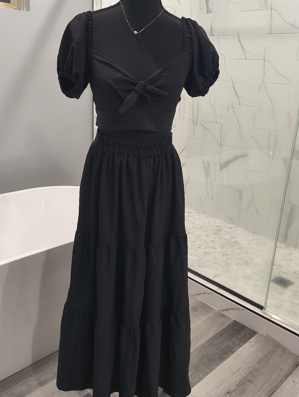 Black Puff-Sleeve Tie-Front Maxi Dress